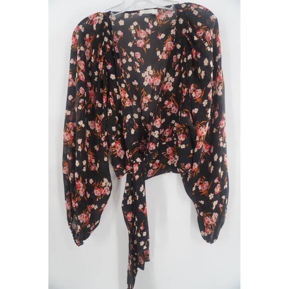 A.L.C. Carla Floral 100% Silk Wrap Floral Black Pink Ruffle Cuffs Blouse Size S - Picture 8 of 16